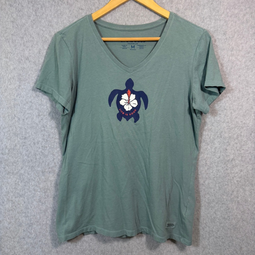 Life is Good Womens Crusher-Lite Cotton T-Shirt Sage Green Dog Graphic Size M